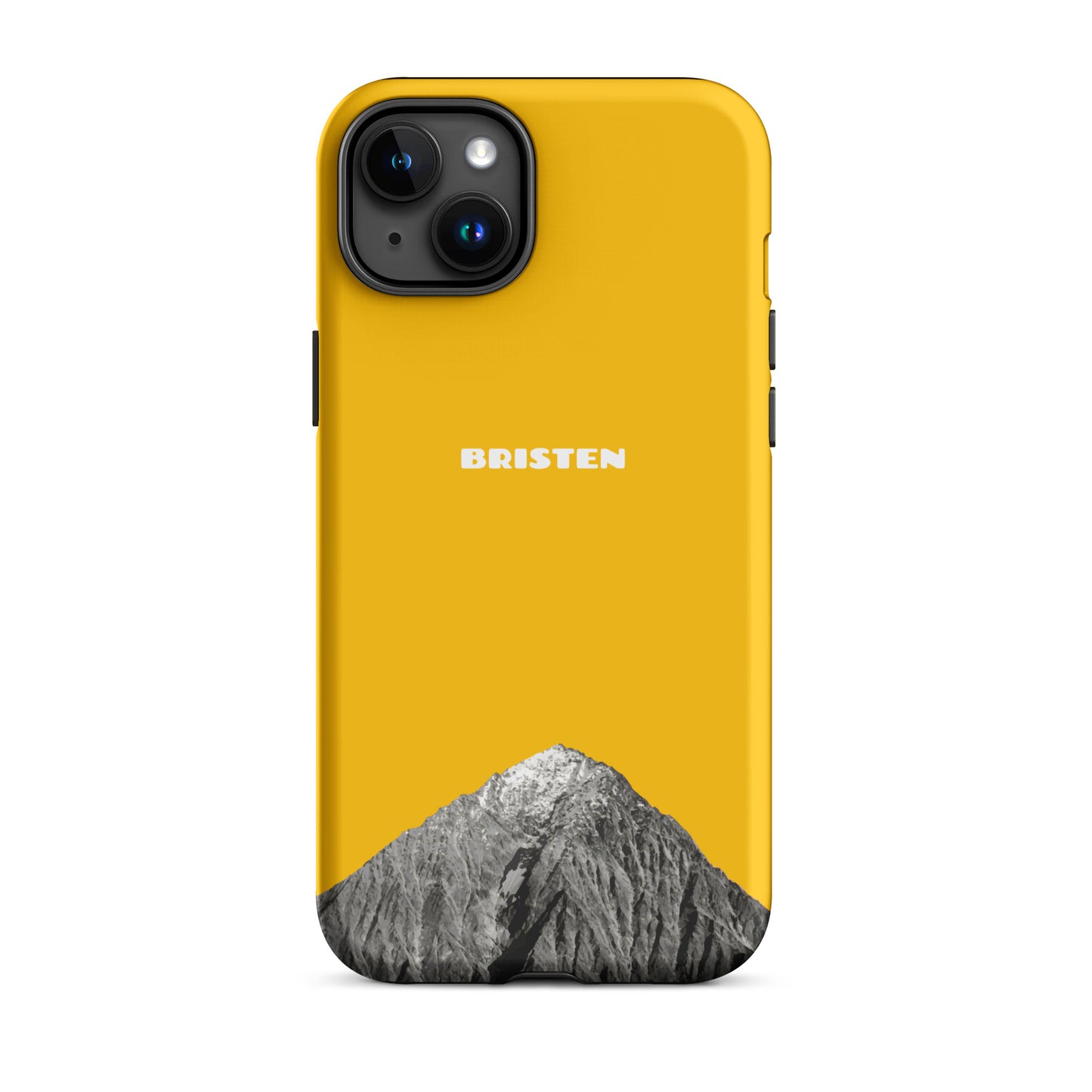 Goldgelbe iPhone 15 Plus Hülle aus Leder mit strukturierter Oberfläche von Bristen.
