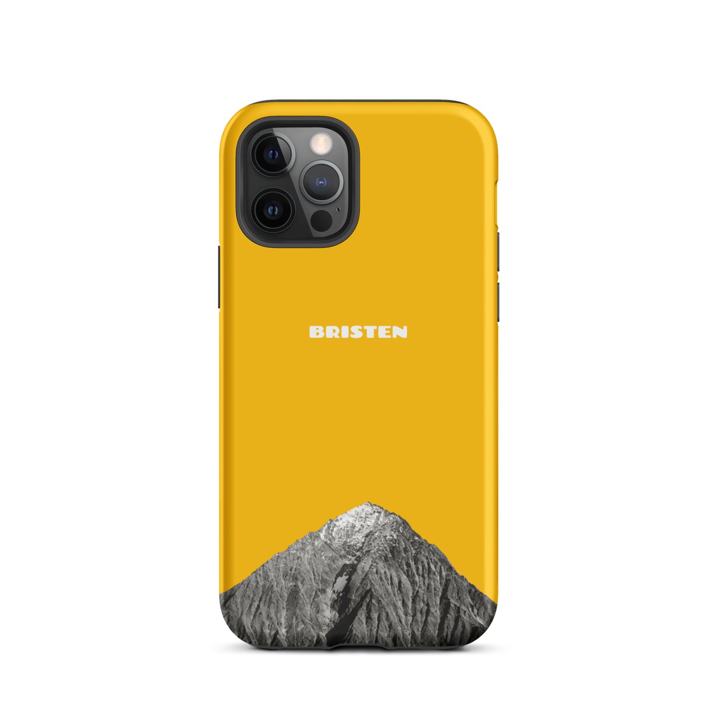 Goldgelbe iPhone 12 Pro Hülle aus Leder mit strukturierter Oberfläche und präzisen Ausschnitten.