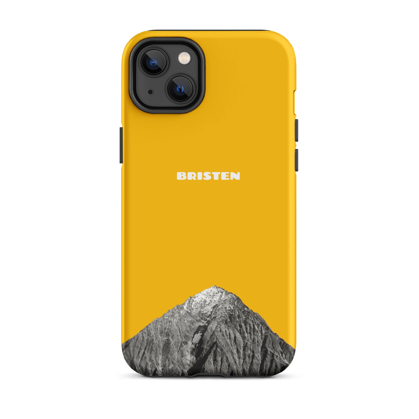 Goldgelbe iPhone 14 Plus Hülle aus Leder mit strukturierter Oberfläche und präzisen Ausschnitten