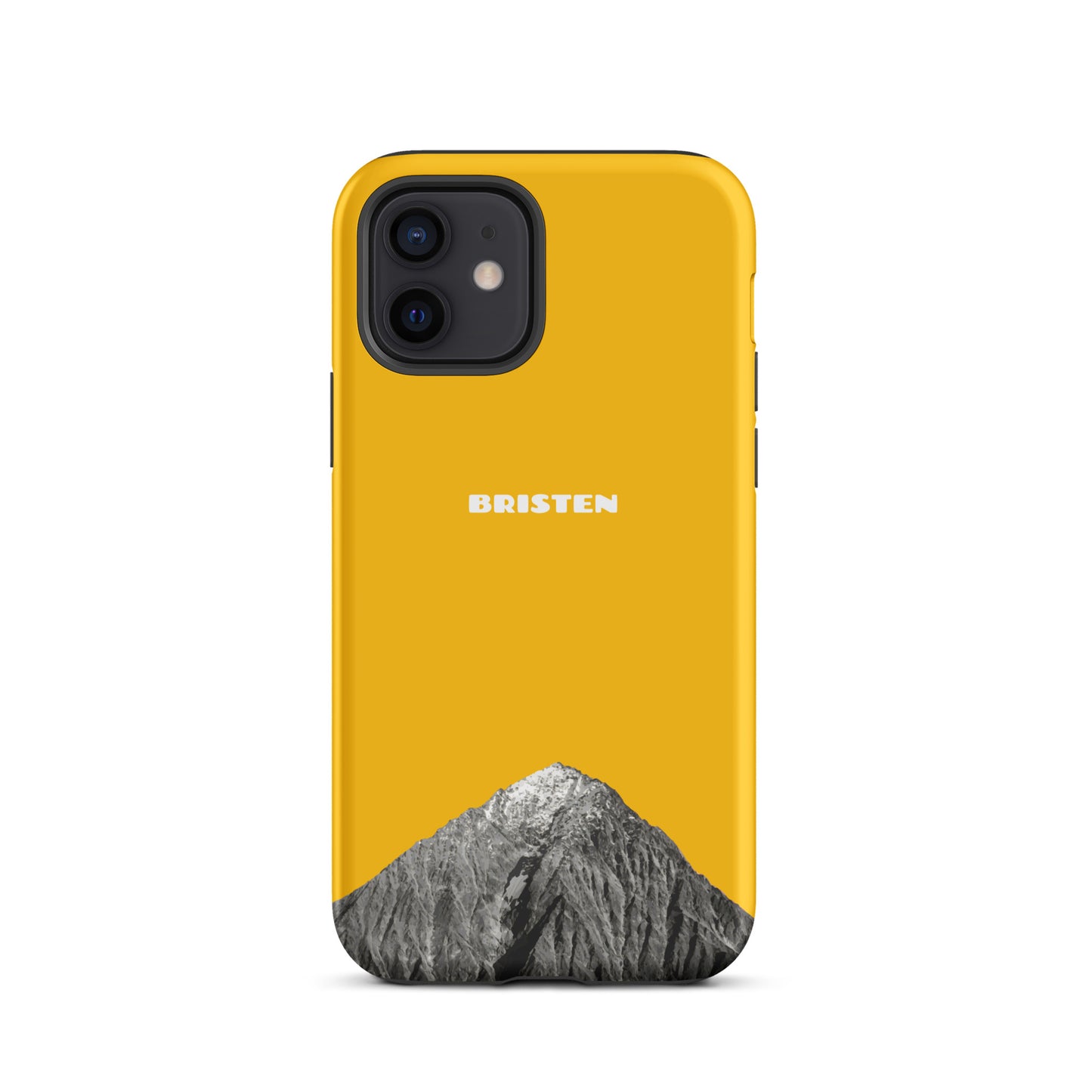 Goldgelbe iPhone 12 Hülle aus Leder mit strukturierter Oberfläche und präzisen Ausschnitten.