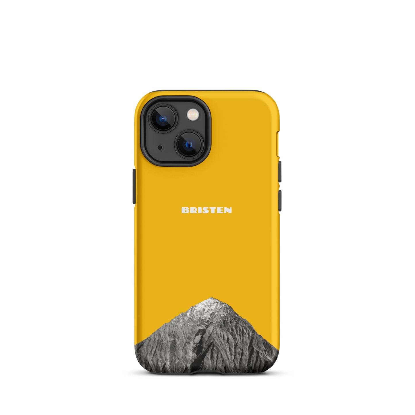 Goldgelbe iPhone 13 Mini Hülle aus Leder mit strukturierter Oberfläche und präzisen Ausschnitten.