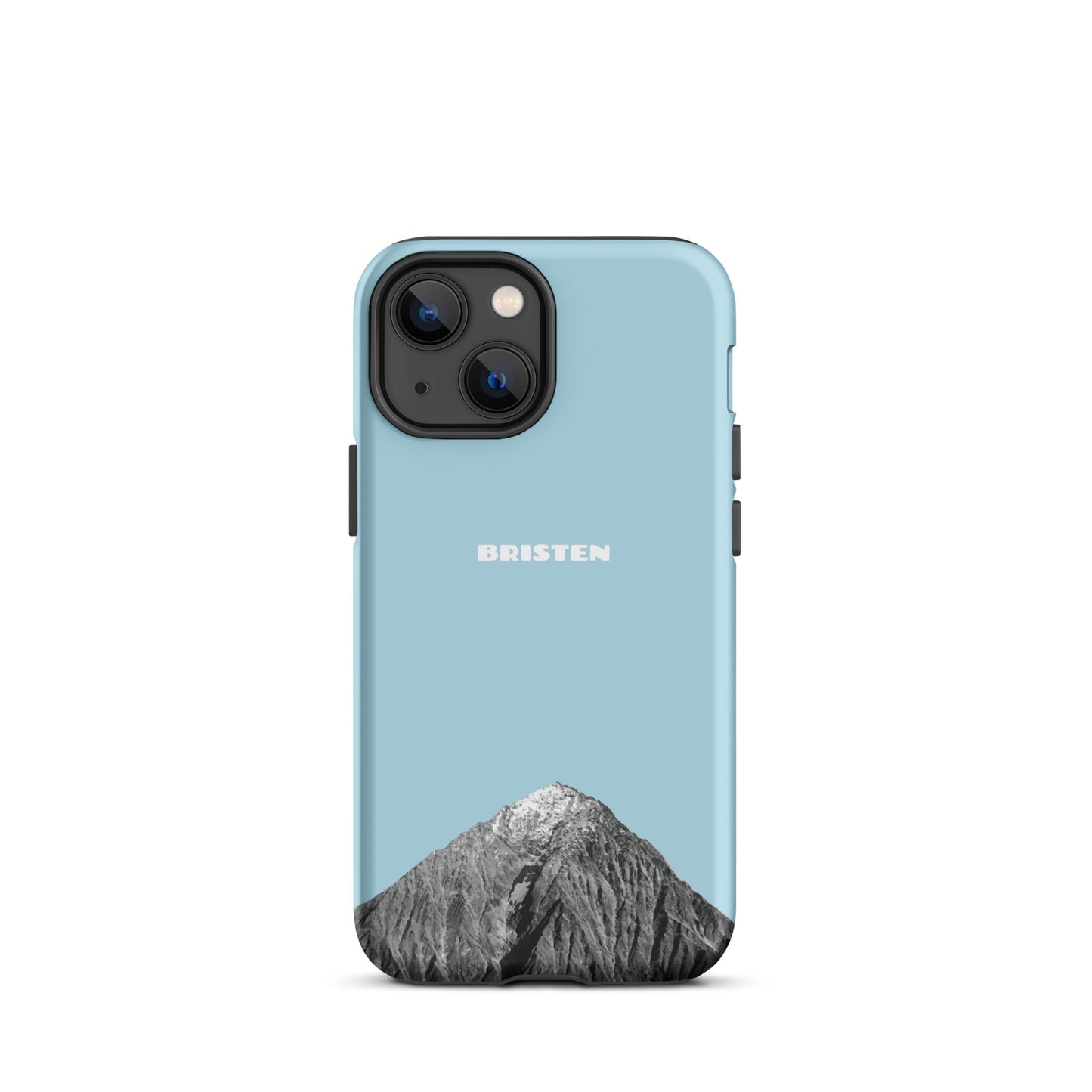 Hellblaue iPhone 13 mini Hülle aus Silikon mit strukturierter Oberfläche, Seitenansicht.