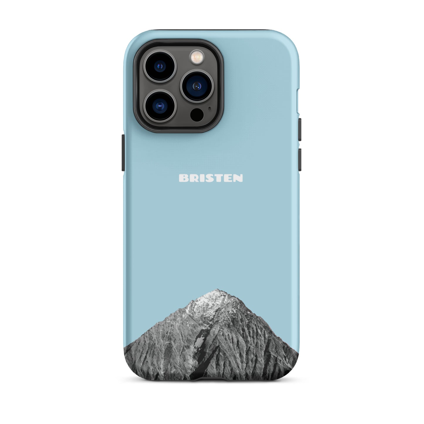 Hellblaue iPhone 14 Pro Max Hülle aus Silikon mit strukturierter Oberfläche, Seitenansicht.