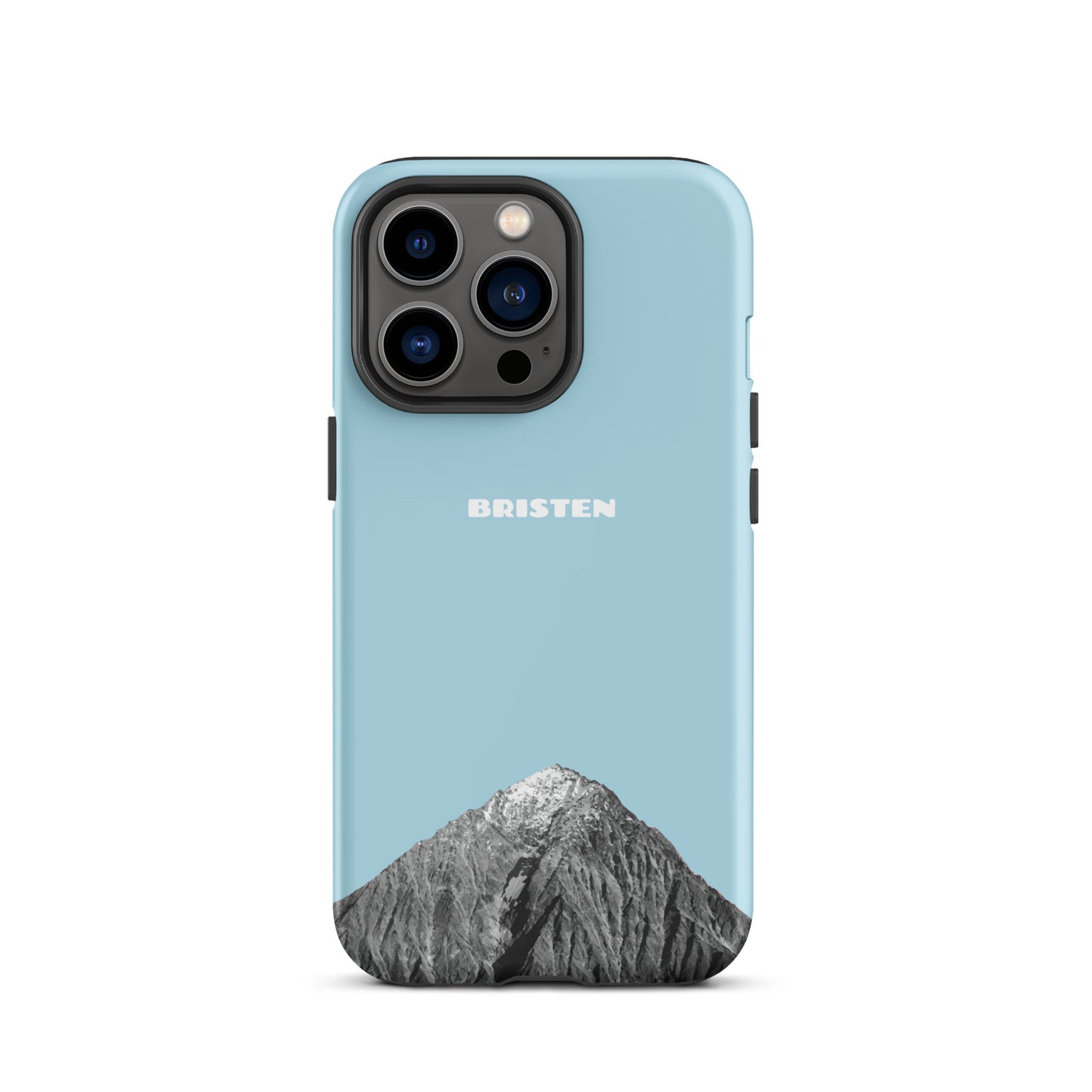 Hellblaue iPhone 13 Pro Hülle aus Silikon mit strukturierter Oberfläche und präzisen Aussparungen.