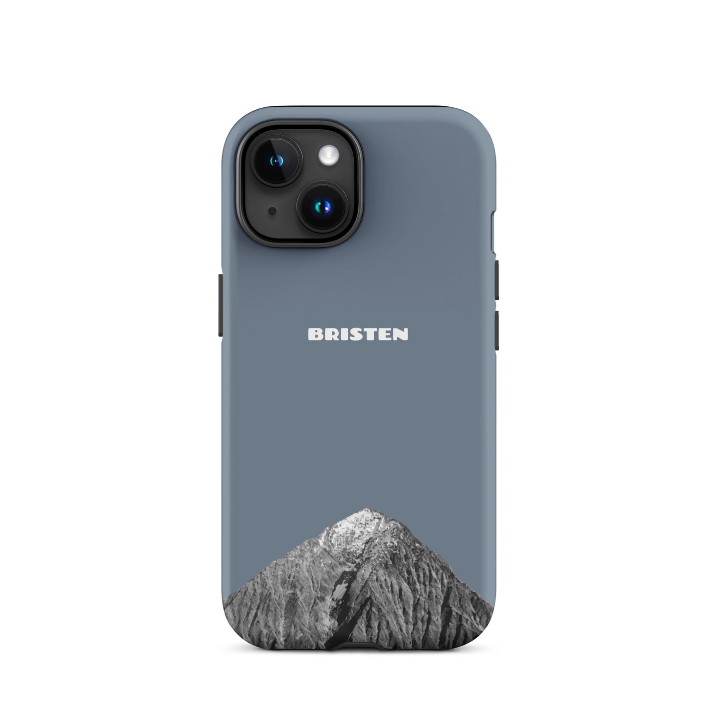 Schiefergraue iPhone 15 Hülle aus robustem Material mit strukturierter Oberfläche, Seitenansicht