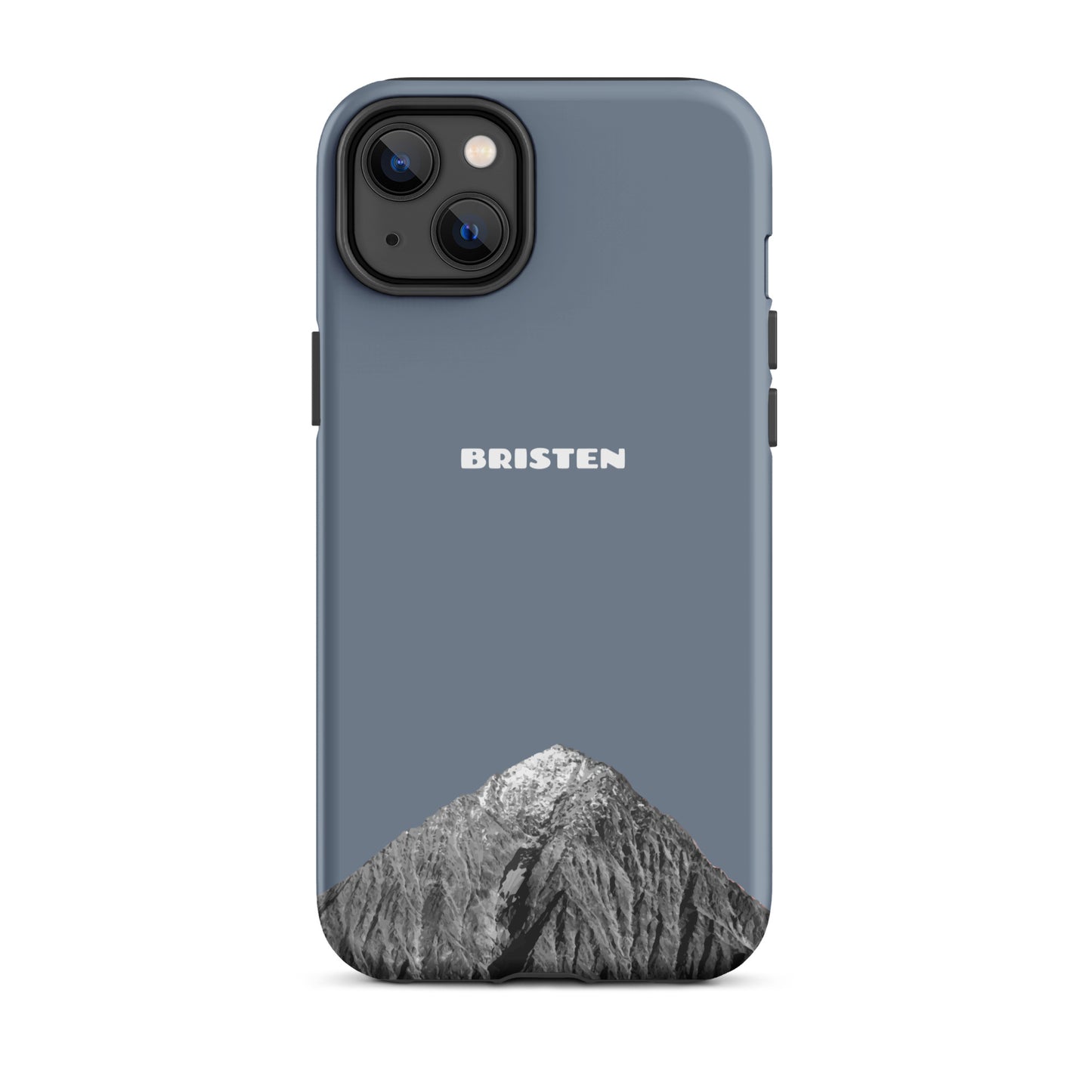 Schiefergraue iPhone 14 Plus Hülle aus robustem Material, seitliche Ansicht mit strukturierter Oberfläche.