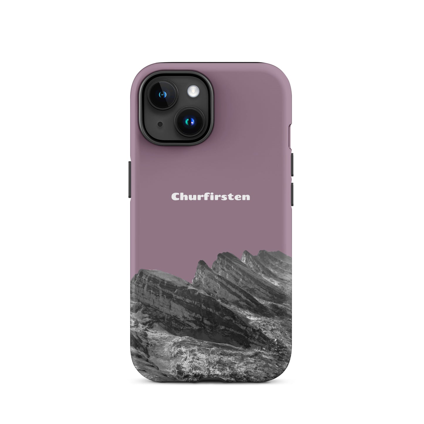 Robuste iPhone Hülle in Pastellviolett mit Churfirsten-Motiv aus dem Toggenburg. Attraktives Design.