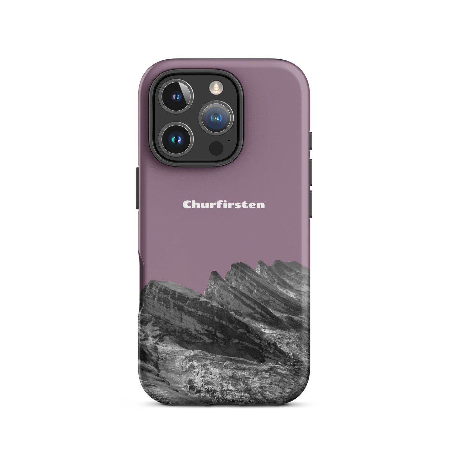 Robuste iPhone-Schutzhülle in Pastellviolett mit Churfirsten-Motiv aus dem Toggenburg, aus hochwertigem Material.