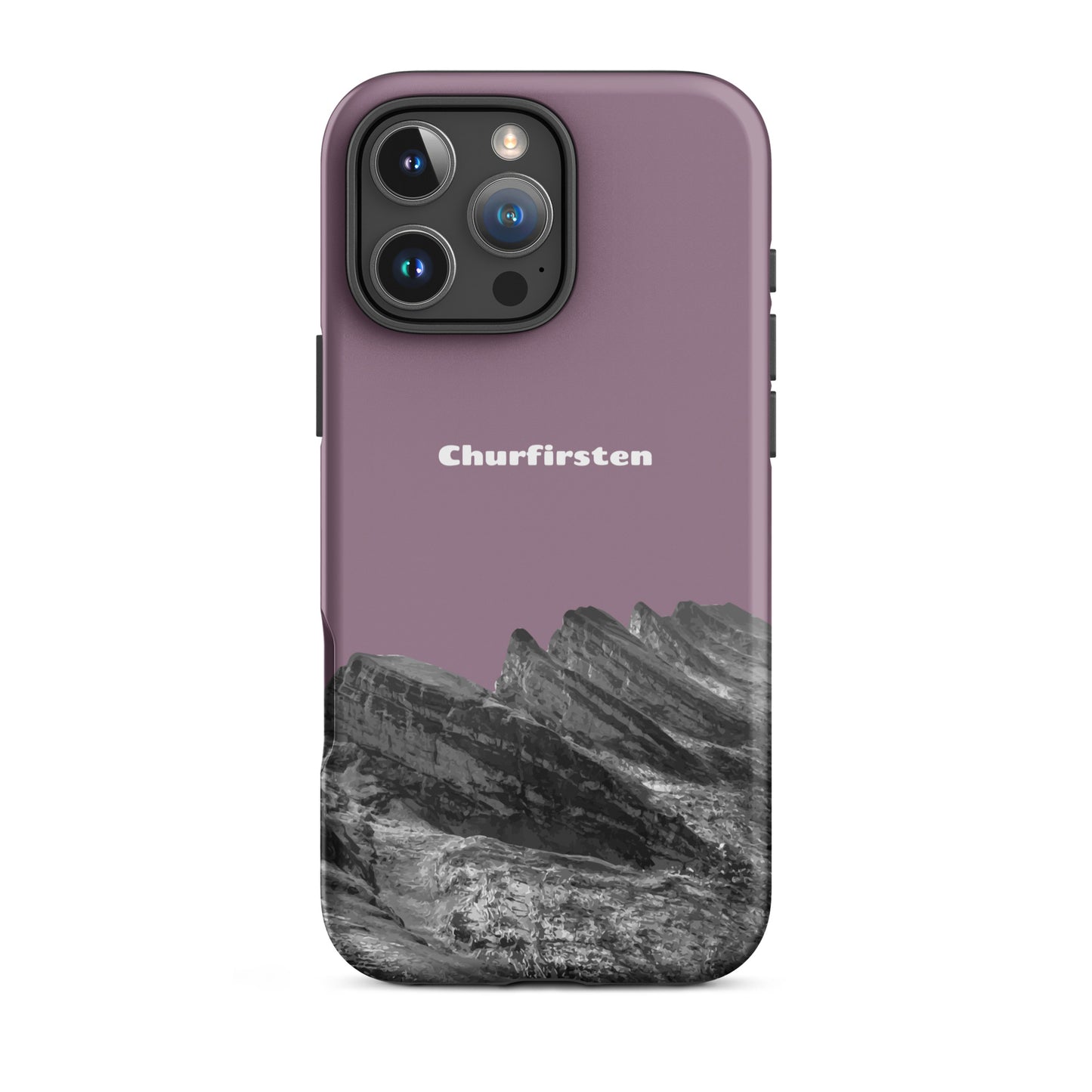 iPhone Hülle mit Churfirsten-Motiv in Pastellviolett. Robuste Schutzhülle mit attraktivem Design der Toggenburger Berge.