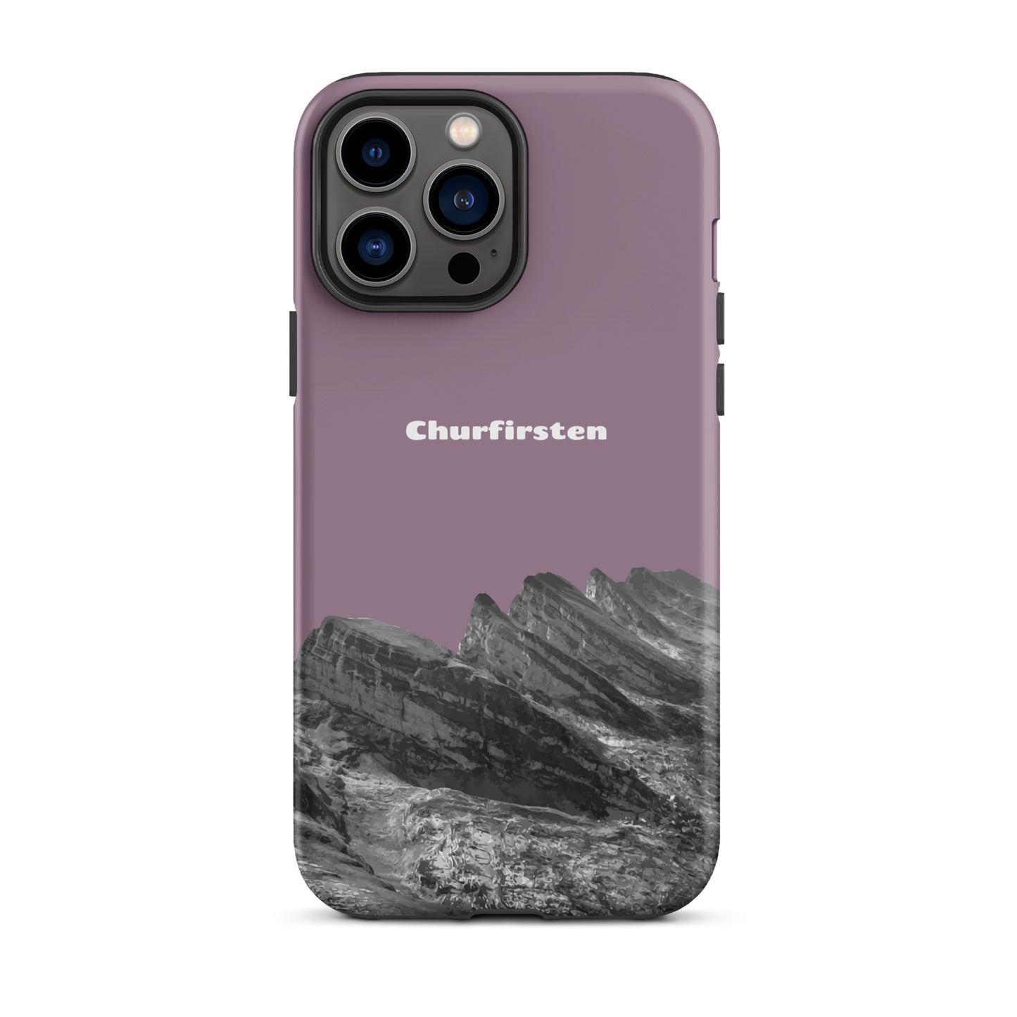 Robuste iPhone Hülle in Pastellviolett mit Churfirsten-Motiv, Schutzhülle aus widerstandsfähigem Material.