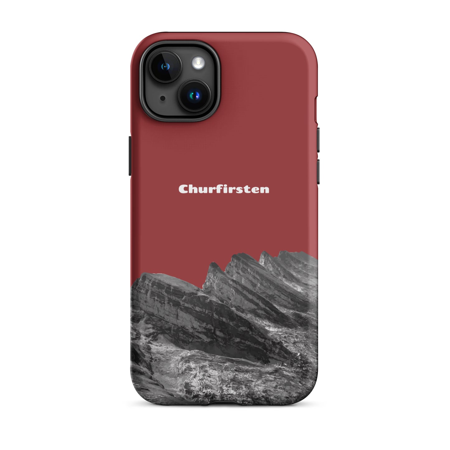 Robuste iPhone-Hülle in Rot mit Churfirsten-Motiv, Schutzhülle aus strapazierfähigem Material.