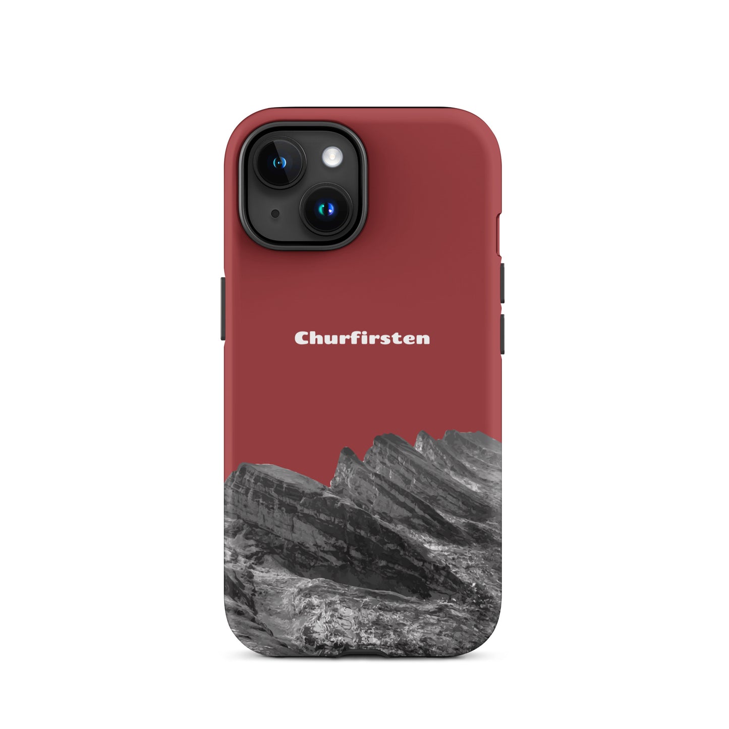 Robuste iPhone-Hülle in Rot mit Churfirsten-Motiv, Schutzhülle aus strapazierfähigem Material.