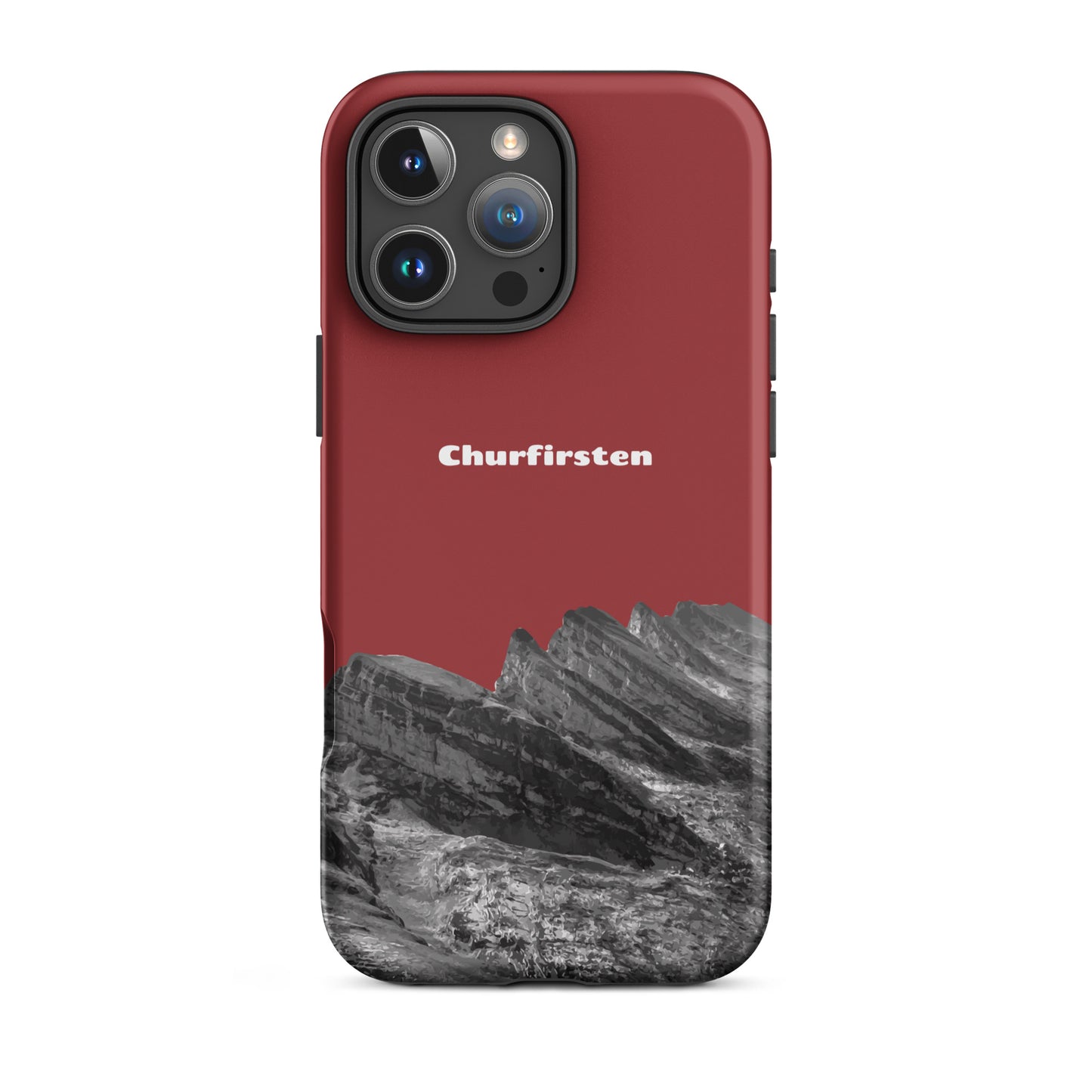 Rote iPhone-Hülle mit Churfirsten-Motiv, robustes Design, Schutzhülle für iPhone.