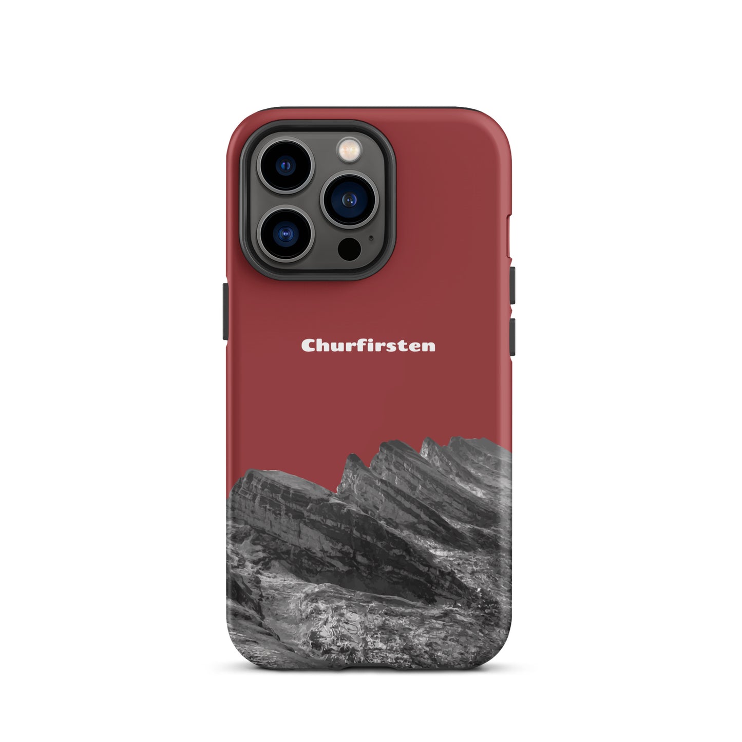 Rote iPhone-Hülle mit Churfirsten-Motiv, robustes Design, Schutzhülle für iPhone, Toggenburg-Landschaft.