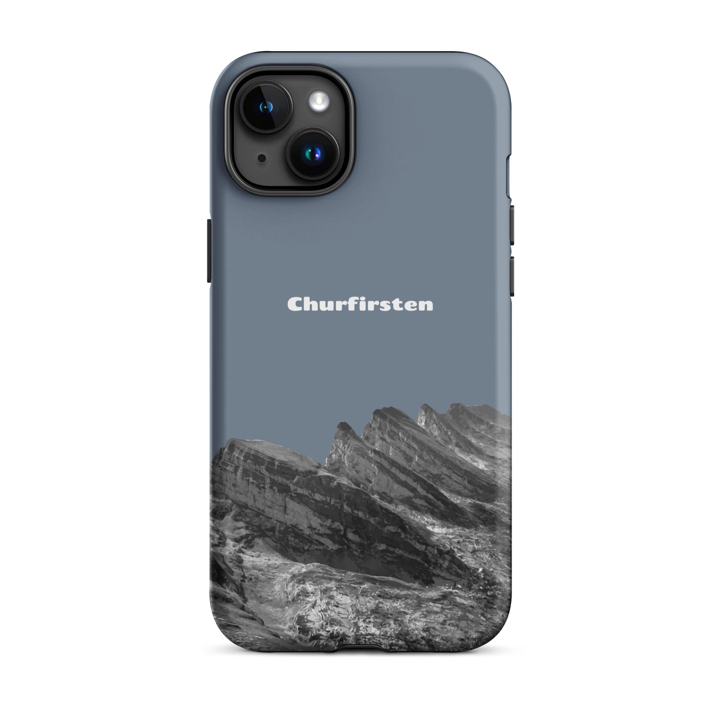 Robuste iPhone Hülle in Schiefergrau mit Churfirsten-Design, Schutzhülle aus strapazierfähigem Material.