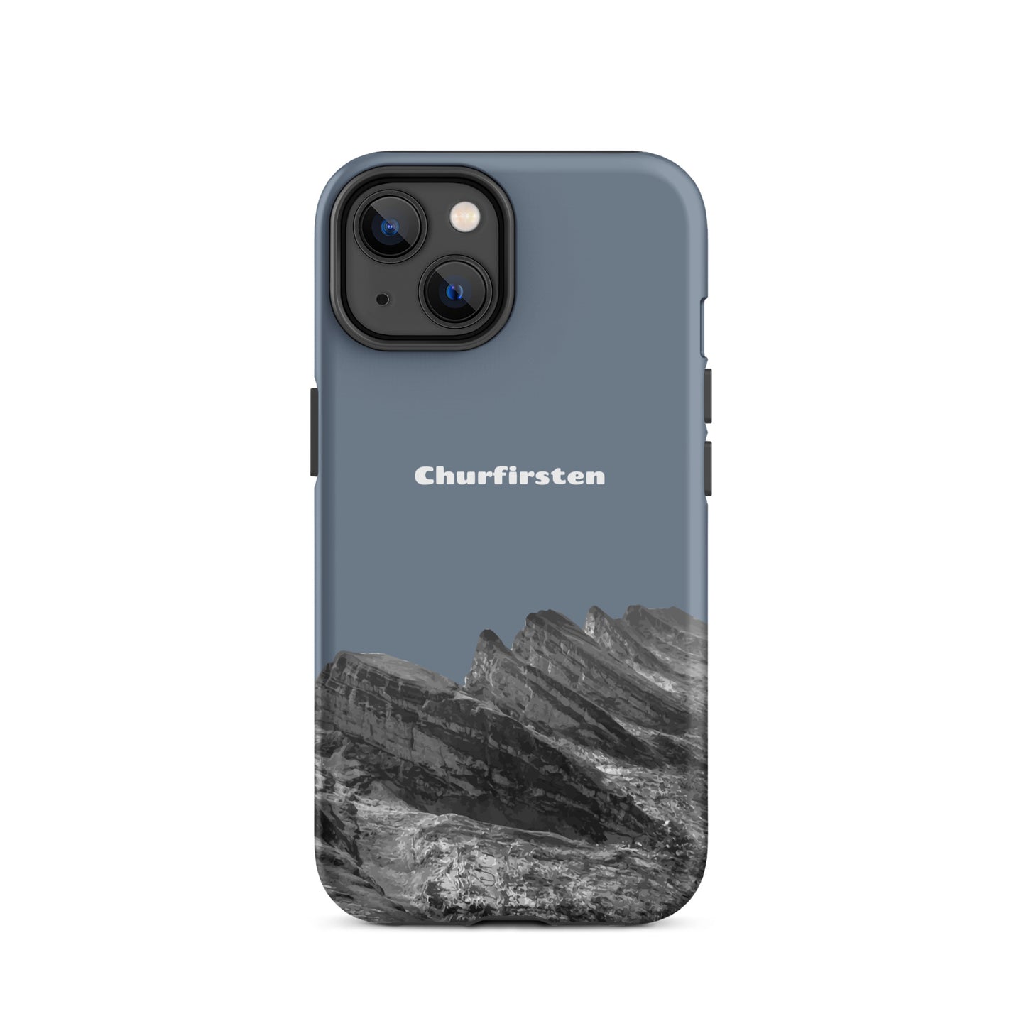 Schiefergraue iPhone-Hülle mit Churfirsten-Motiv, robustes Design, Toggenburg-Print, Schutzhülle.