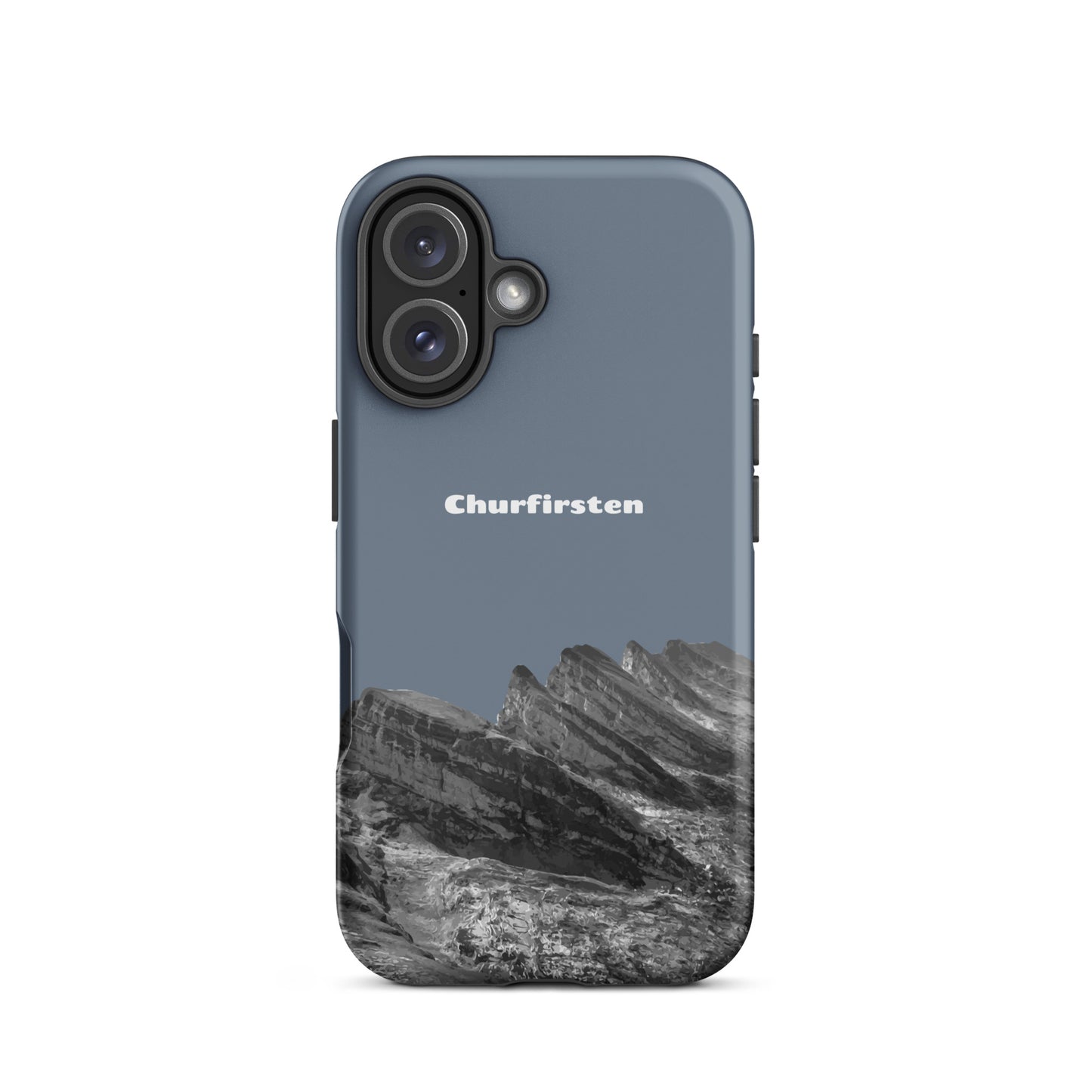 Robuste iPhone Hülle in Schiefergrau mit Churfirsten-Motiv aus dem Toggenburg. Schutzhülle aus widerstandsfähigem Material.