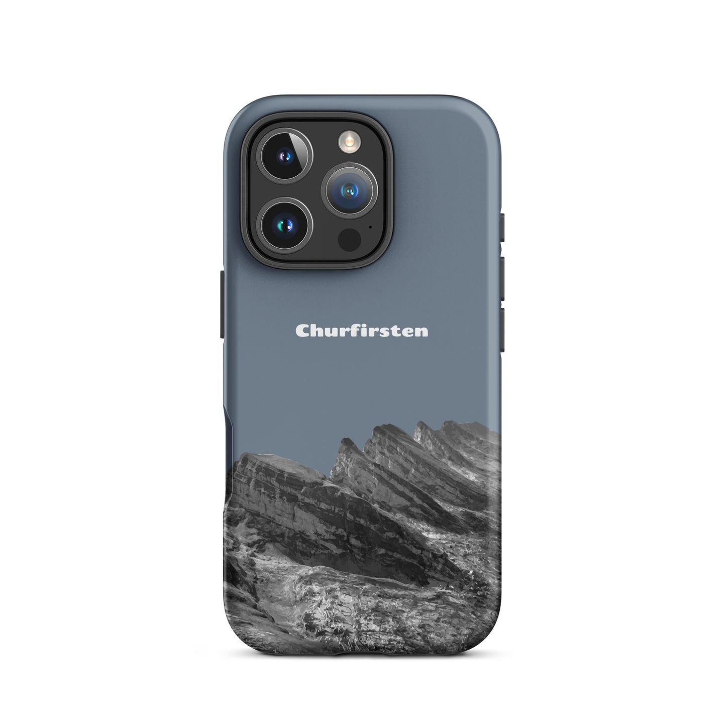 Schiefergraue iPhone Hülle mit Churfirsten-Motiv, robustes Design, Toggenburg-Print, Schutzhülle.