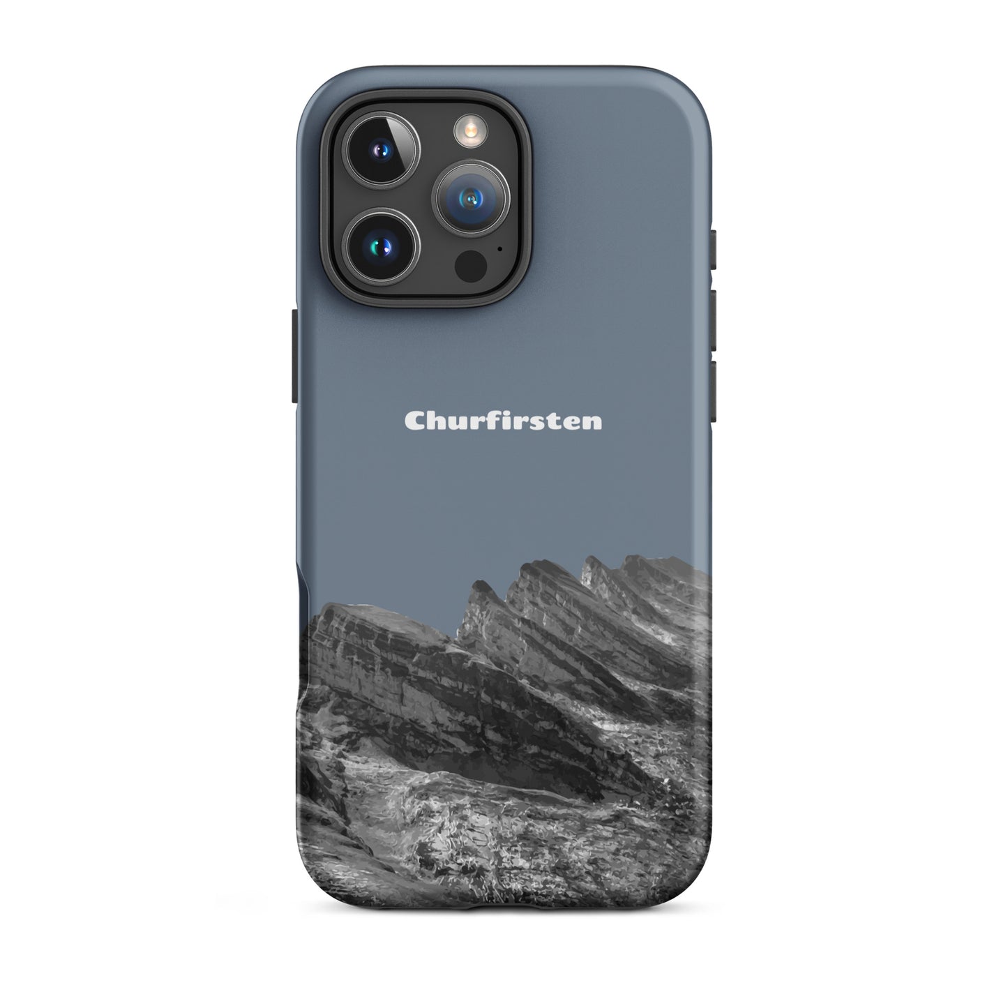 Robuste iPhone-Hülle in Schiefergrau mit Churfirsten-Motiv, Toggenburg-Design, stoßfest.