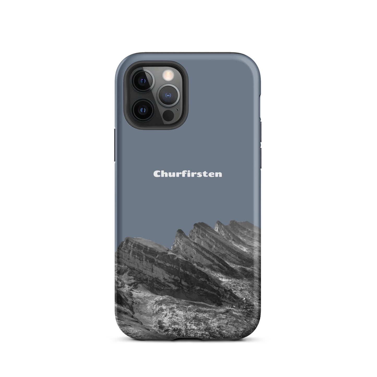 Schiefergraue iPhone Schutzhülle mit Churfirsten-Design, robust und attraktiv.