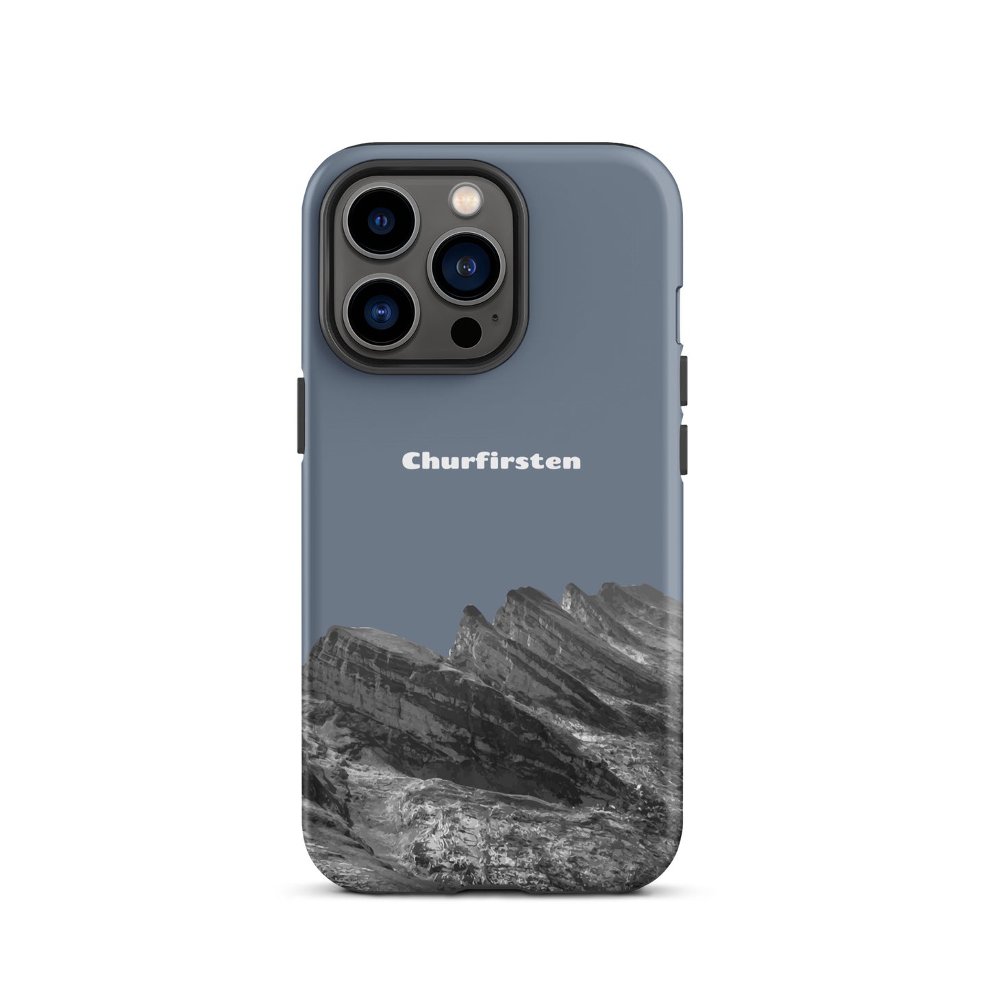 Robuste iPhone Hülle in Schiefergrau mit Churfirsten-Motiv, Toggenburg Design, stoßfest.