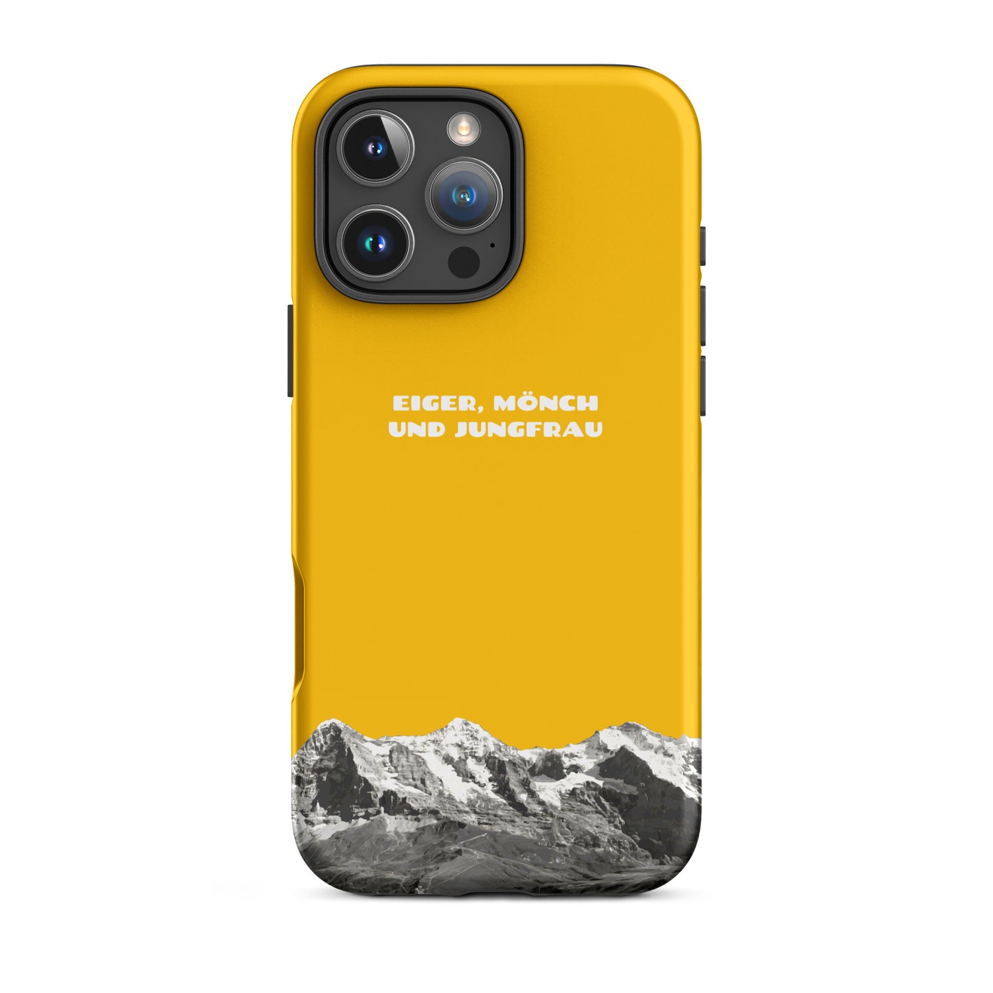 Goldgelbe iPhone-Hülle mit Eiger, Mönch und Jungfrau Motiv für Apple iPhone 16 Pro Max