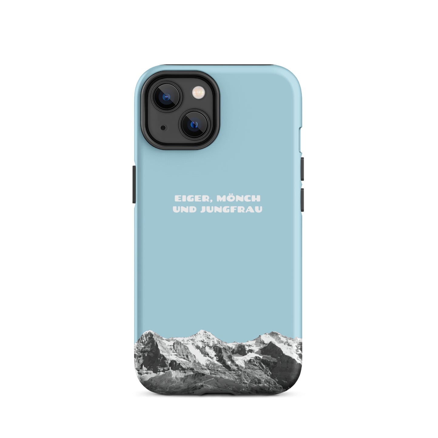 Hellblaue iPhone Hülle mit Eiger, Mönch und Jungfrau Motiv aus dem Berner Oberland, Schweizer Alpen