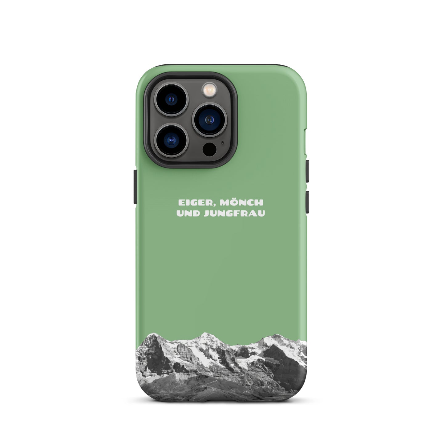 Grüne iPhone Hülle mit Eiger, Mönch und Jungfrau Motiv. Hard Case für Apple iPhone mit Bergpanorama aus den Schweizer Alpen.