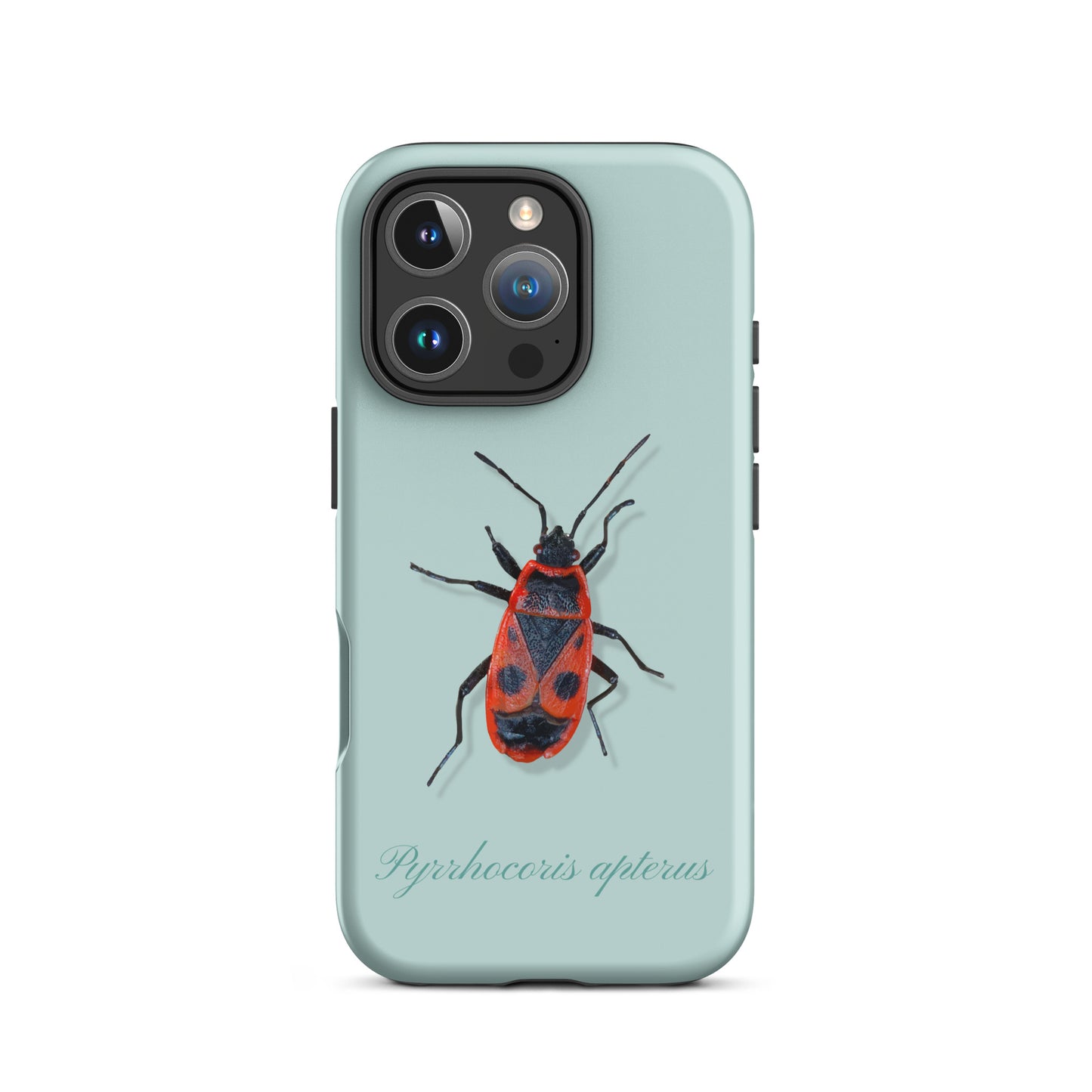 Hellblaue iPhone-Hülle mit Feuerwanzen-Design, Schutzhülle aus robustem Kunststoff für Apple iPhone.