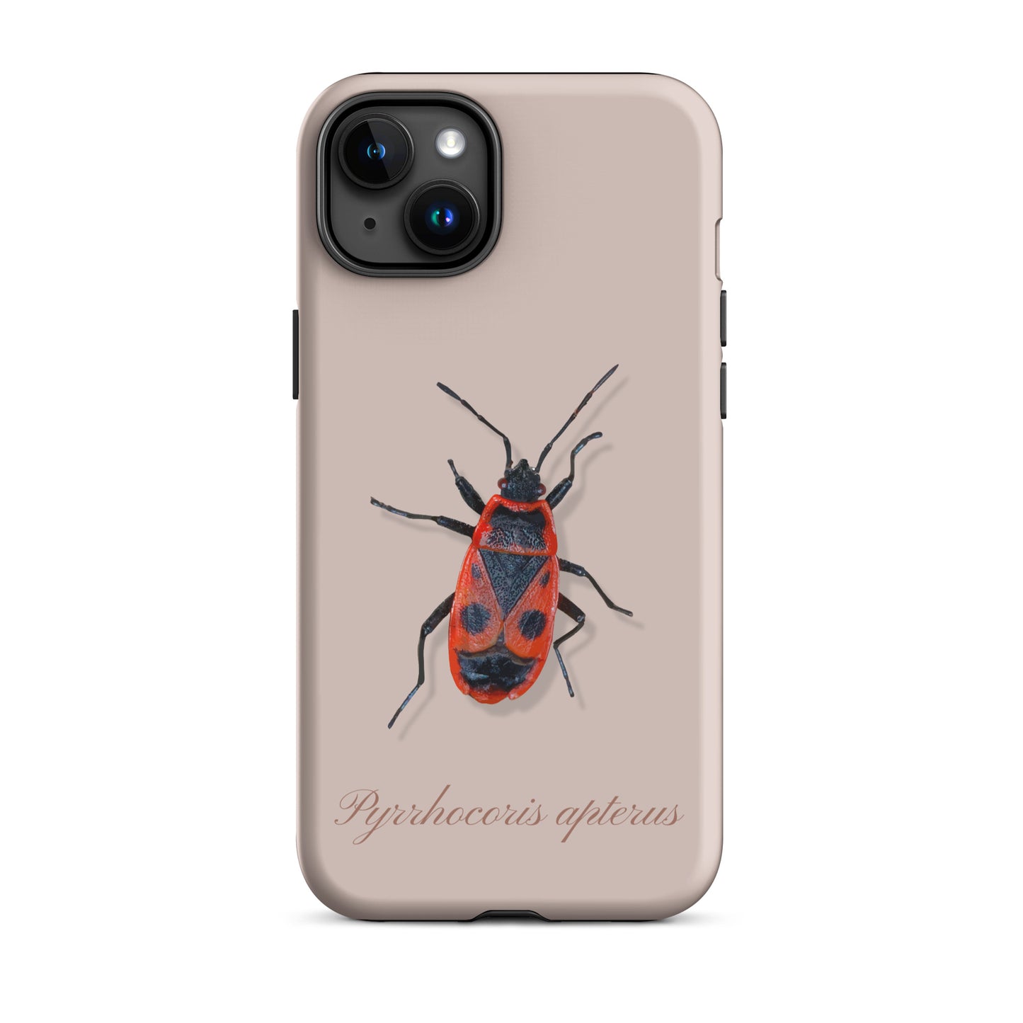 Rosa iPhone Hülle mit Feuerwanze-Design aus glänzendem Material, präzise Ausschnitte für Kamera und Anschlüsse.