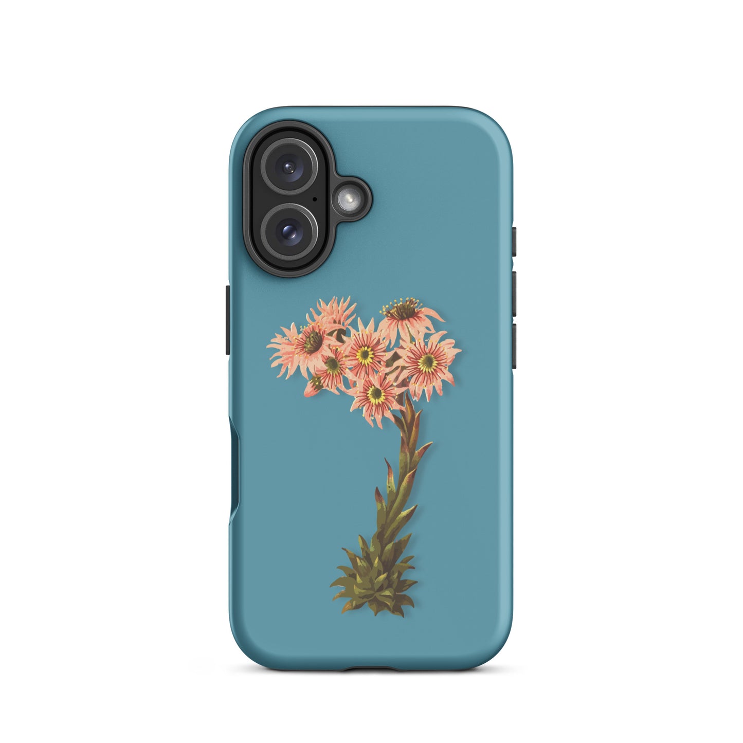Gletscherwasserblaue iPhone-Hülle aus Hauswurz-Leder mit strukturierter Oberfläche und präzisen Ausschnitten.