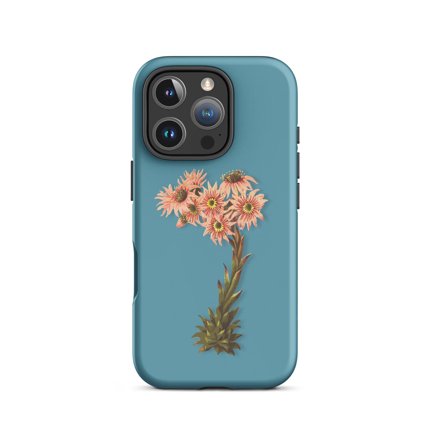 Schutzhülle für Apple iPhone in Gletscherwasserblau mit Hauswurz-Design, robustes Material, präzise Aussparungen.