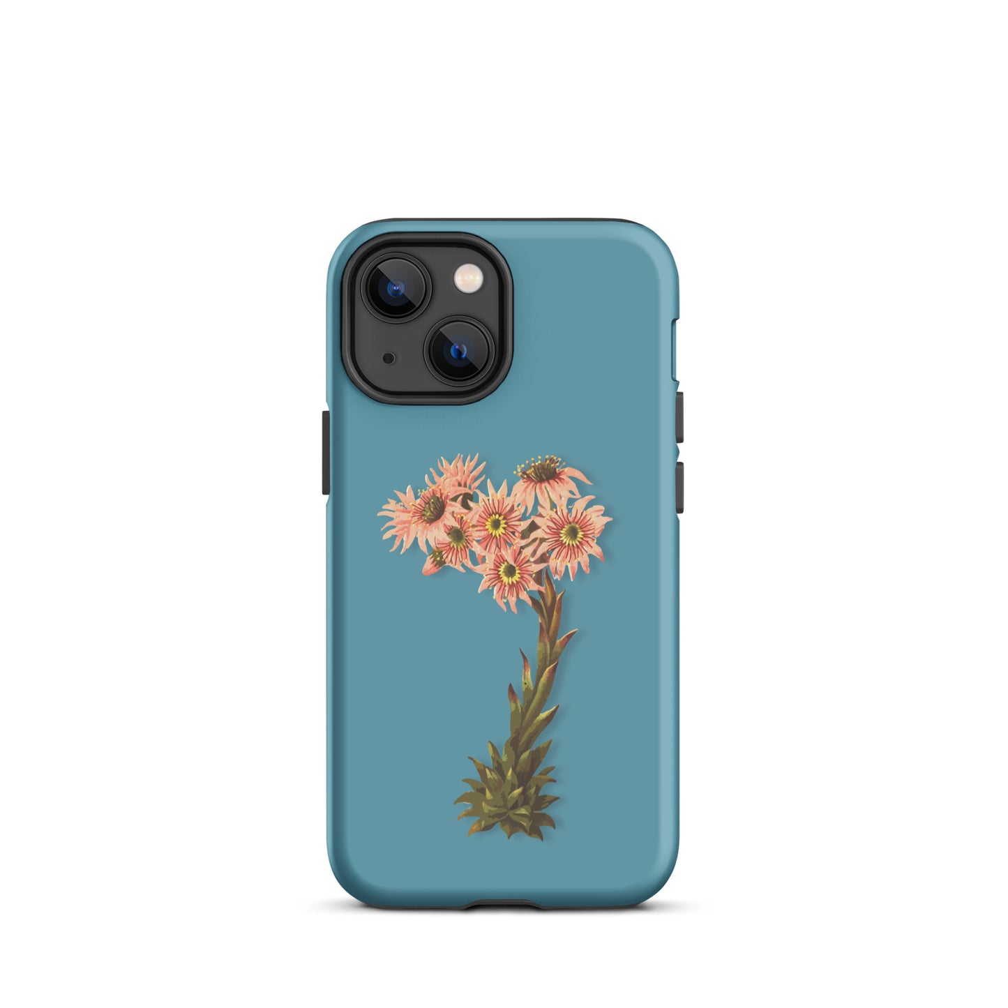 Gletscherwasserblaue iPhone-Hülle mit Hauswurz-Motiv aus robustem Material, Seitenansicht.