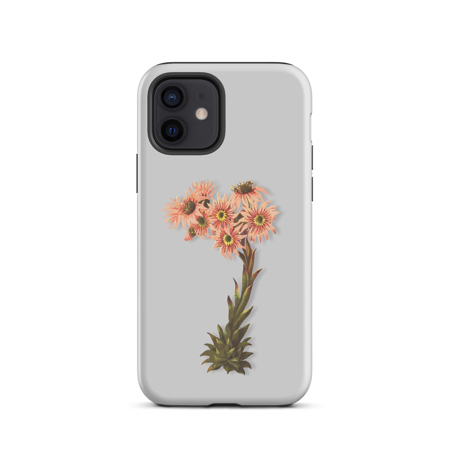 Graue iPhone-Hülle mit Hauswurz-Muster aus robustem Silikon für optimalen Schutz.
