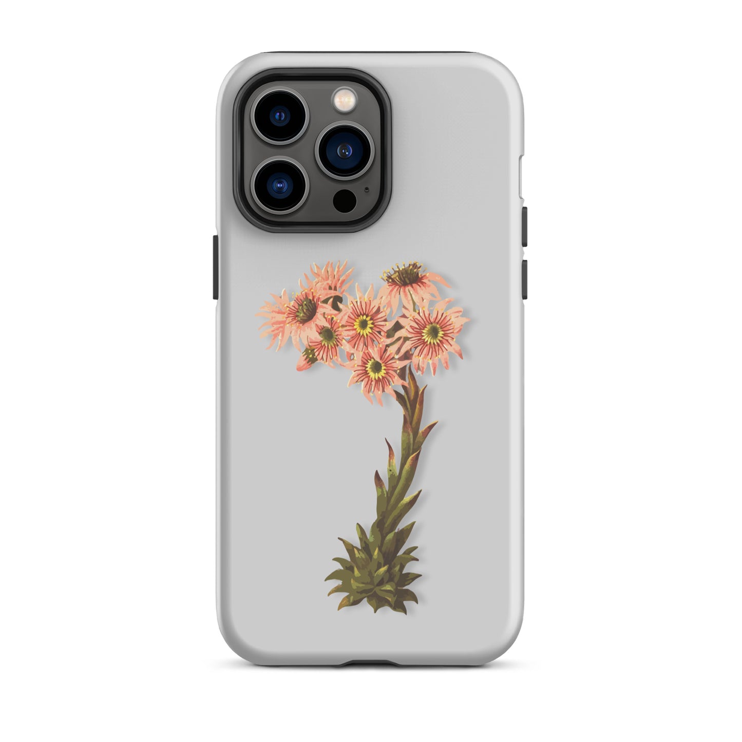 Graue iPhone Schutzhülle mit Hauswurz-Design aus robustem Material, Seitenansicht.