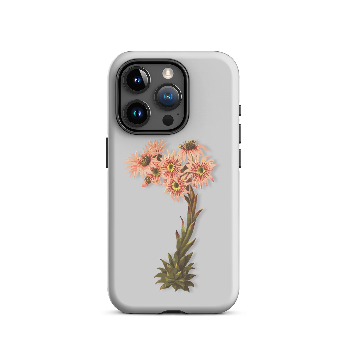 Graue iPhone Schutzhülle mit Hauswurz-Design aus robustem Silikon, seitliche Ansicht.