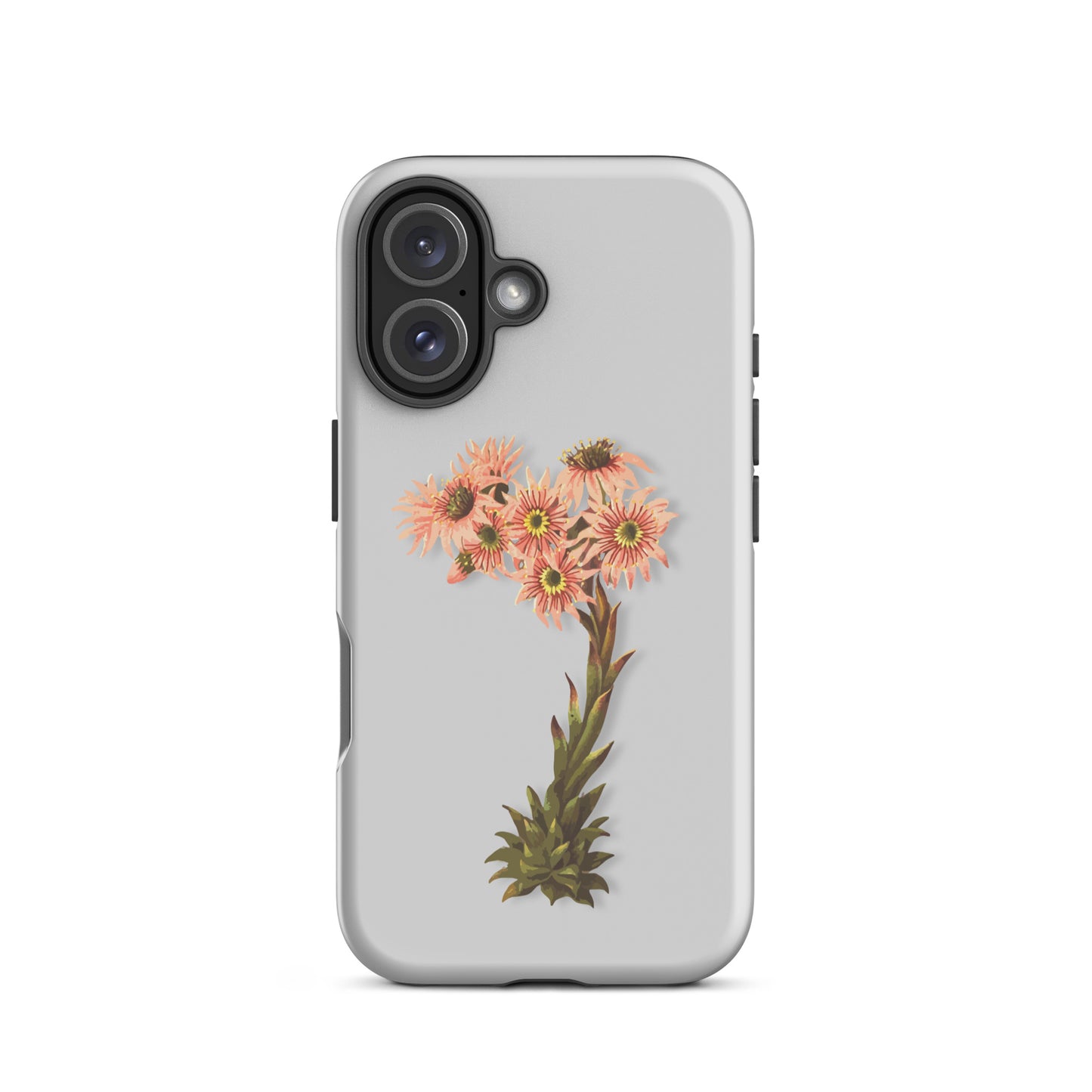 Graue iPhone Schutzhülle aus Silikon mit Hauswurz-Design, seitliche Ansicht.