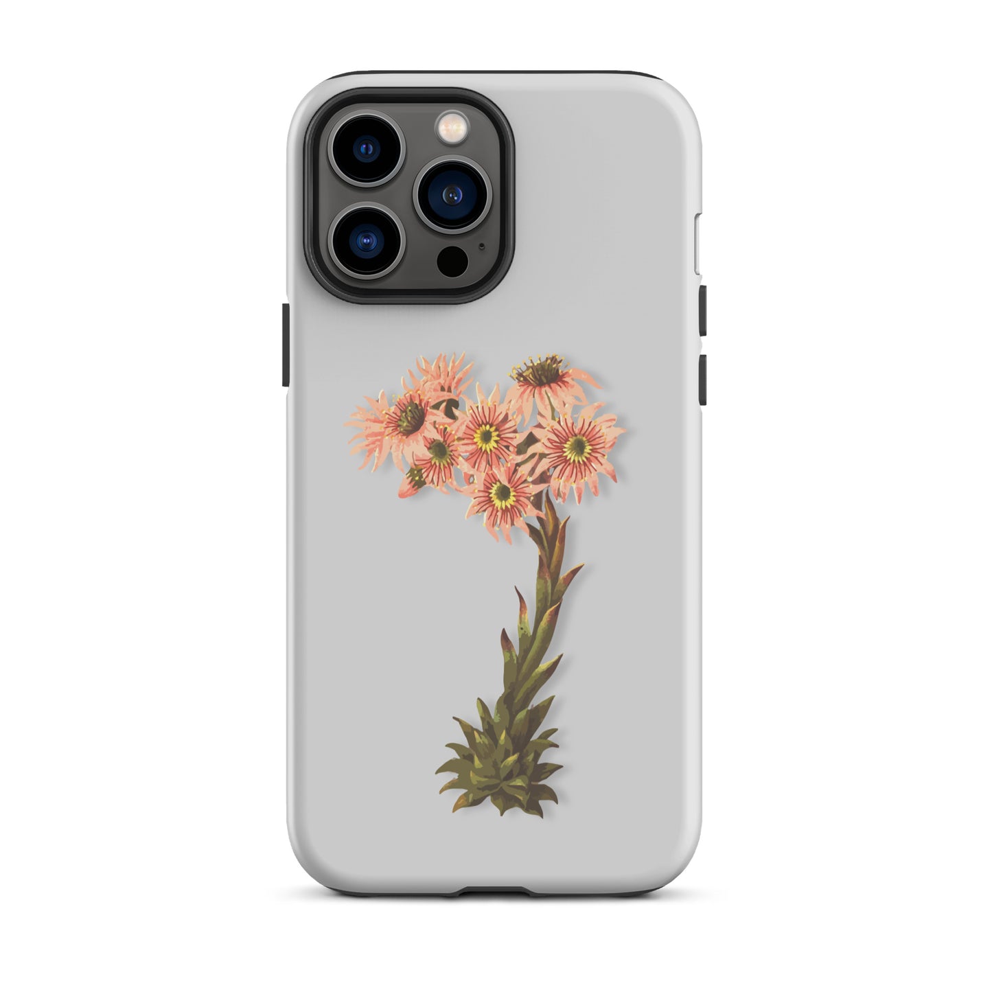 Graue iPhone-Hülle mit Hauswurz-Design, Schutzhülle aus robustem Material für Apple iPhone.