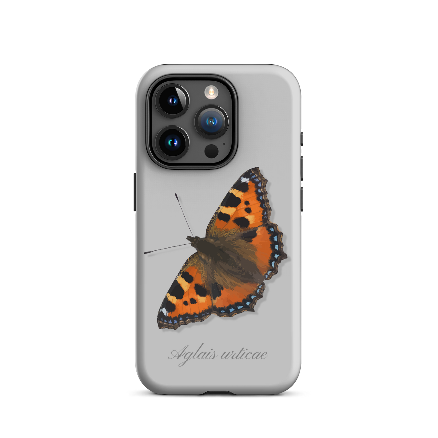 Graue iPhone-Hülle mit Fuchs-Design, seitliche Ansicht, schützende Handyhülle mit Tiermotiv.