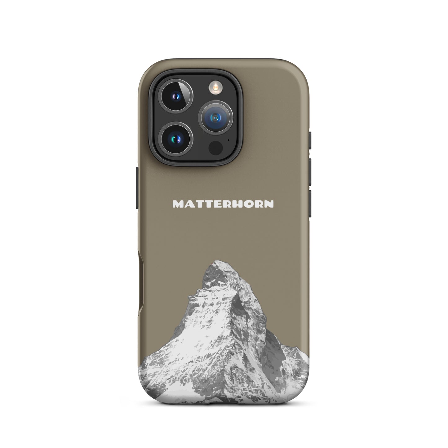 Graubraune iPhone Hülle mit Matterhorn Motiv, robustes Hard Case für Apple iPhone, Design inspiriert von Zermatt.