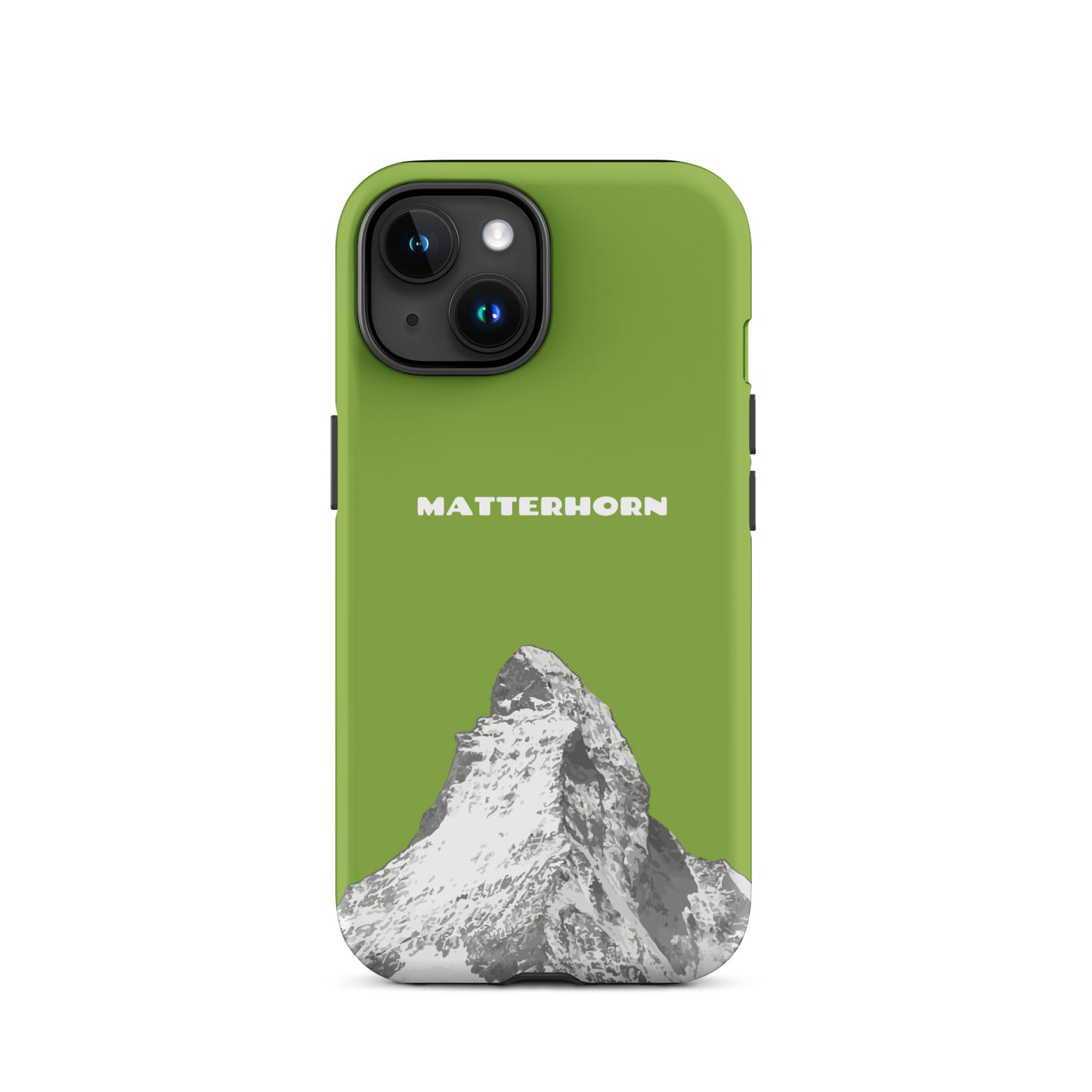 Gelbgrüne iPhone Hard Case mit Matterhorn-Motiv für Apple iPhone, robust und stilvoll.
