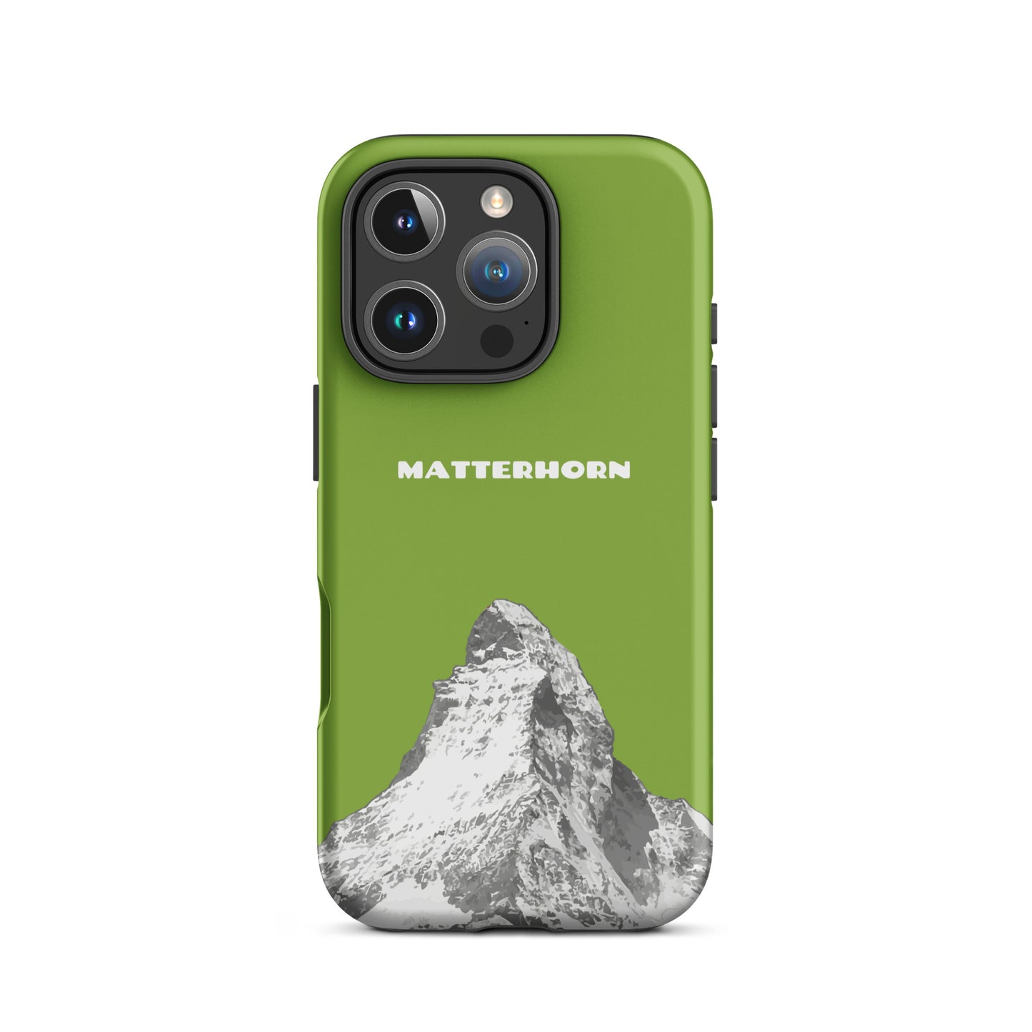 Gelbgrüne iPhone Hülle mit Matterhorn-Motiv, robustes Hardcase für Apple iPhone, Design mit Zermatt-Bergpanorama.