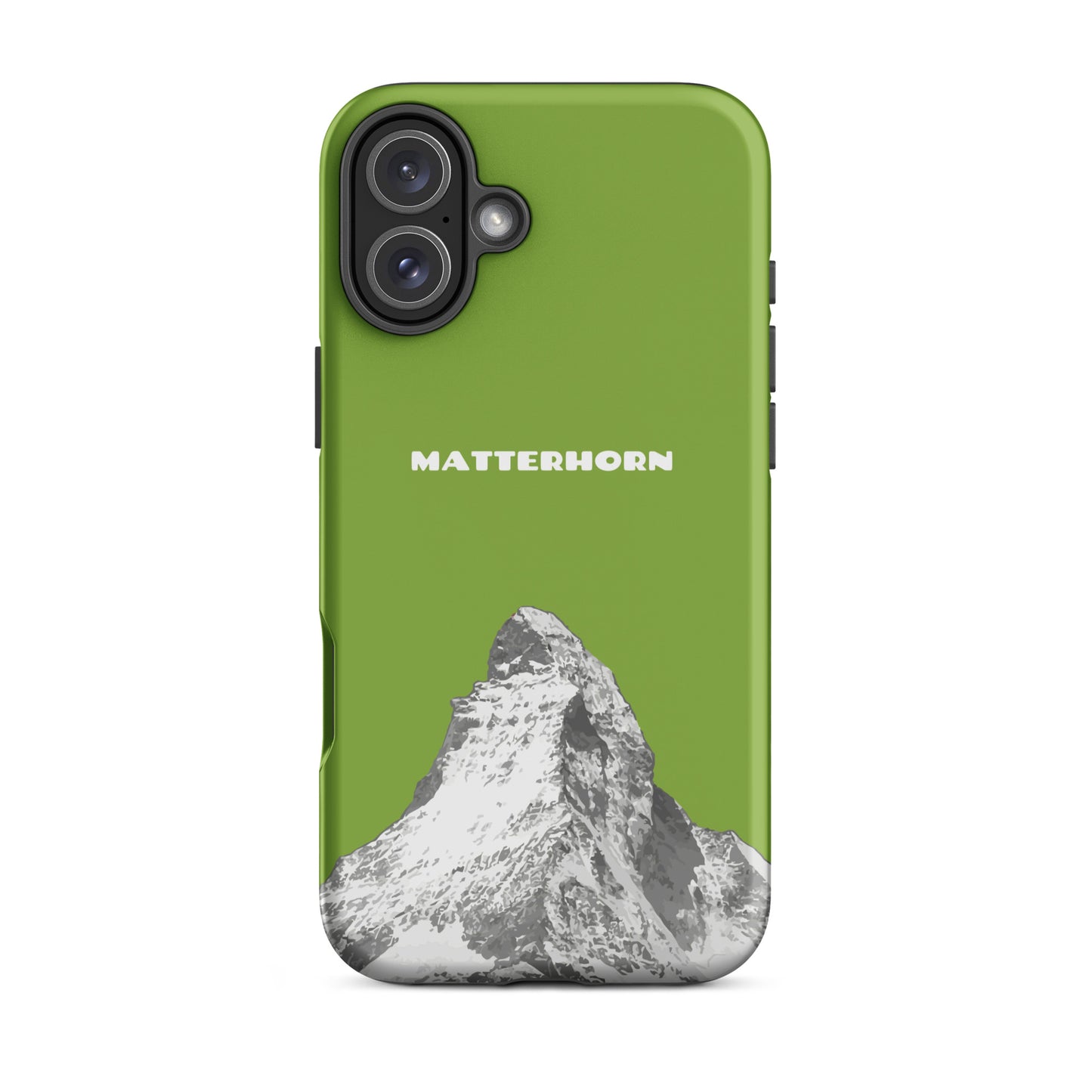 Gelbgrüne iPhone Hülle mit Matterhorn-Motiv, hartes Case für Apple iPhone, Schutzhülle mit Schweizer Alpen-Design.