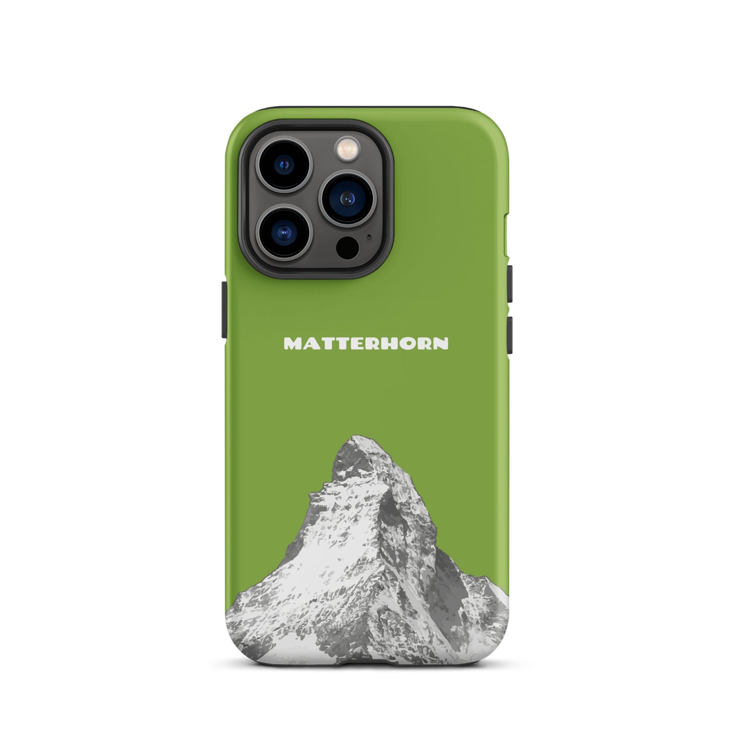 Gelbgrüne iPhone Hülle mit Matterhorn-Motiv, robustes Hard Case für Apple iPhone, Zermatt Design.