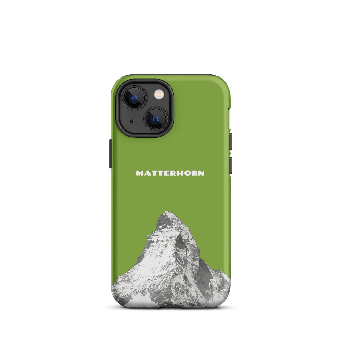 Gelbgrüne iPhone Hard Case mit Matterhorn-Design, robuste Schutzhülle für Apple iPhone, inspiriert vom ikonischen Berg bei Zermatt im Wallis.