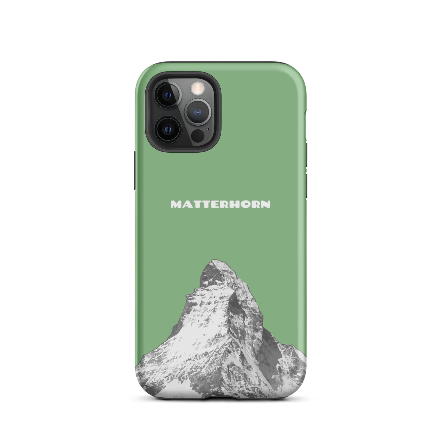 Hellgrüne iPhone-Hülle mit Matterhorn-Motiv, hartes Gehäuse für Apple iPhone, Design mit Zermatt-Bergpanorama.