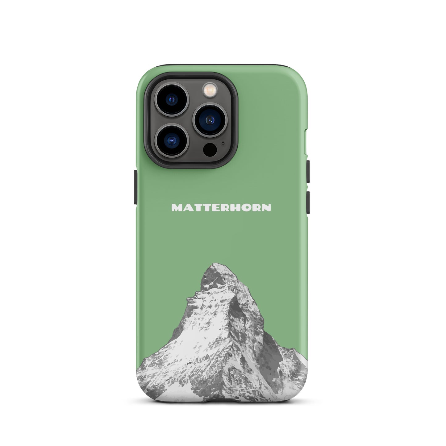 Hellgrüne iPhone Hülle mit Matterhorn-Motiv, Hartplastik, präzise Aussparungen, Schutz für Apple iPhone.