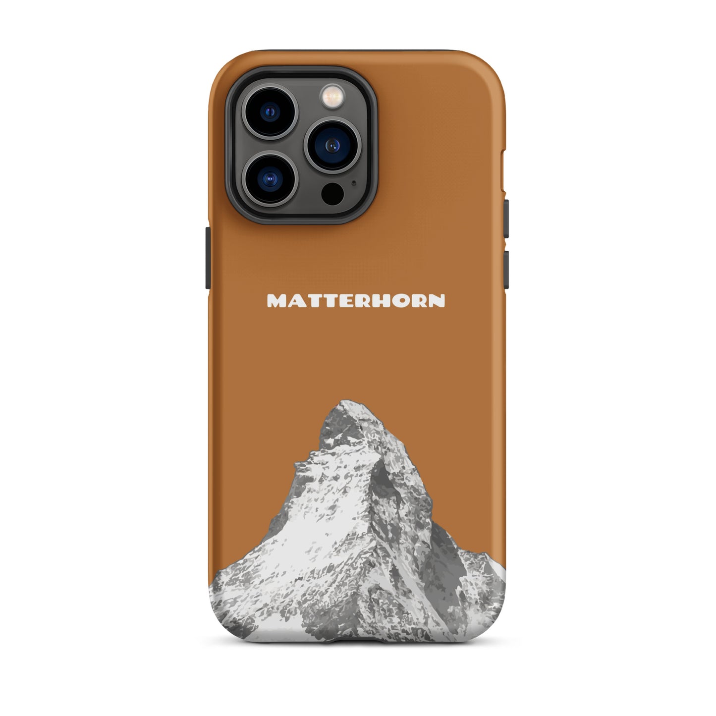 Kupferfarbene iPhone-Hülle mit Matterhorn-Design, robustes Hard Case für Apple iPhone, inspiriert von Zermatt im Wallis.