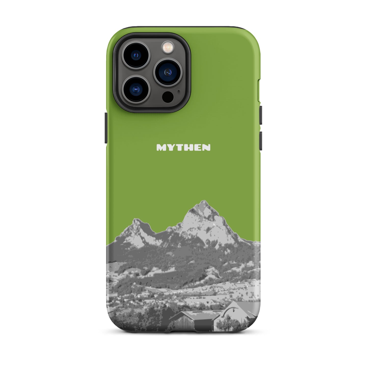 Gelbgrüne iPhone 13 Pro Max Hülle mit Design der Mythen bei Schwyz, robustes Material, präzise Aussparungen.
