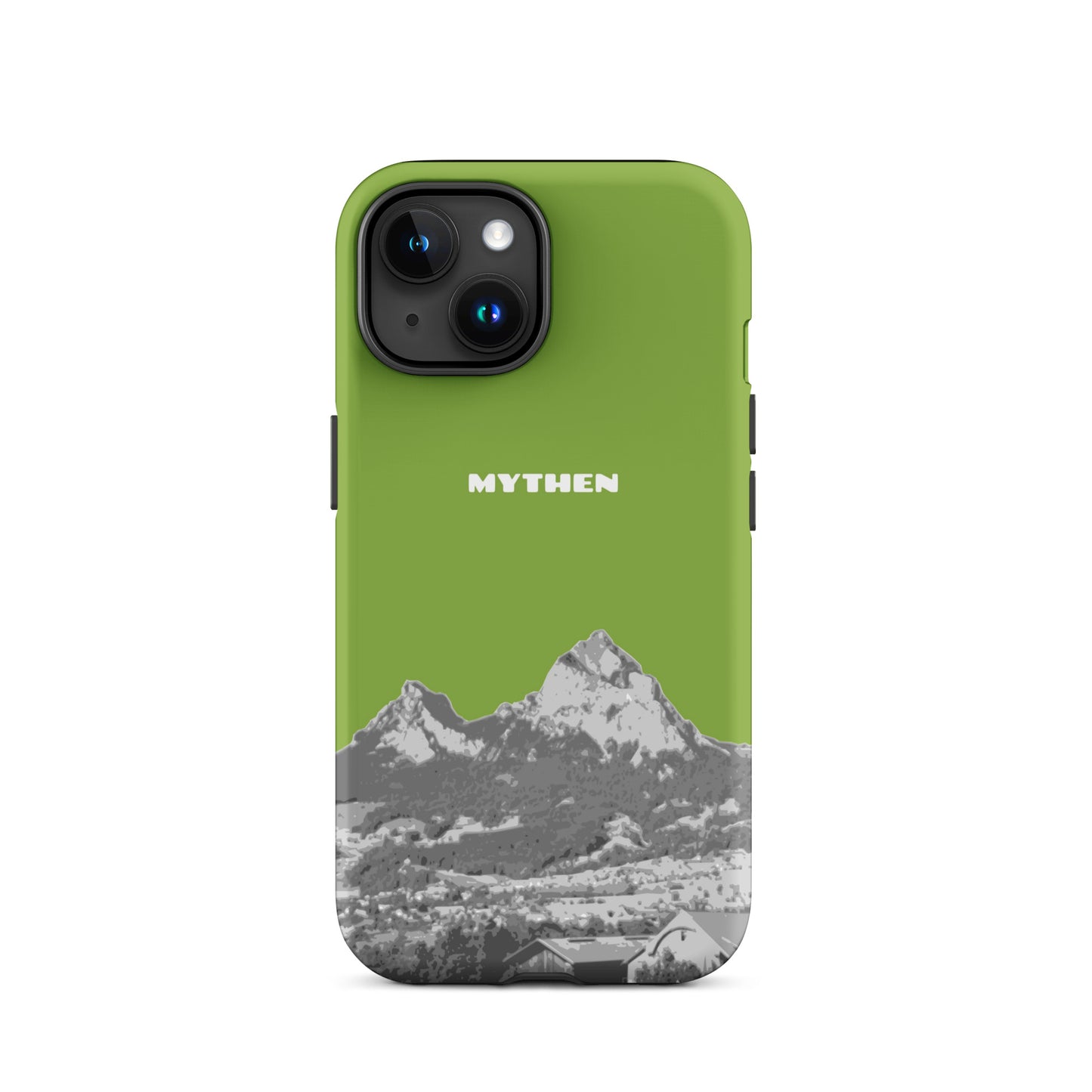 Gelbgrüne iPhone 15 Hülle mit Mythen-Motiv aus Schwyz, robustes Design, präzise Aussparungen.